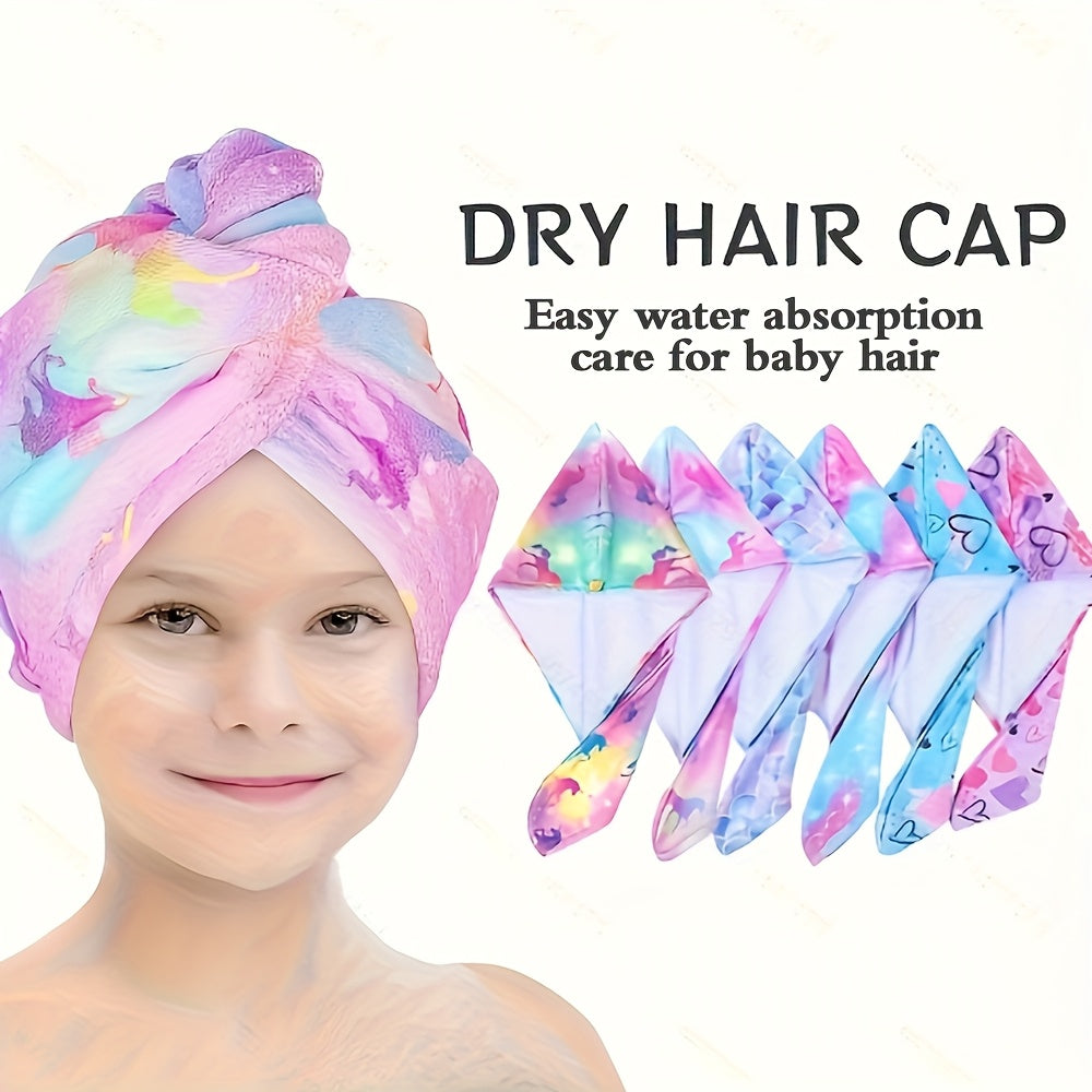 Printed microfiber hair towel for kids with quick-drying soft fabric, and button hair bandana for girls to wrap wet hair in salon.