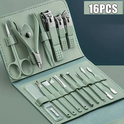 Set of 4, 8, 12, or 16 stainless steel household tools in a folding bag for manicures and pedicures.