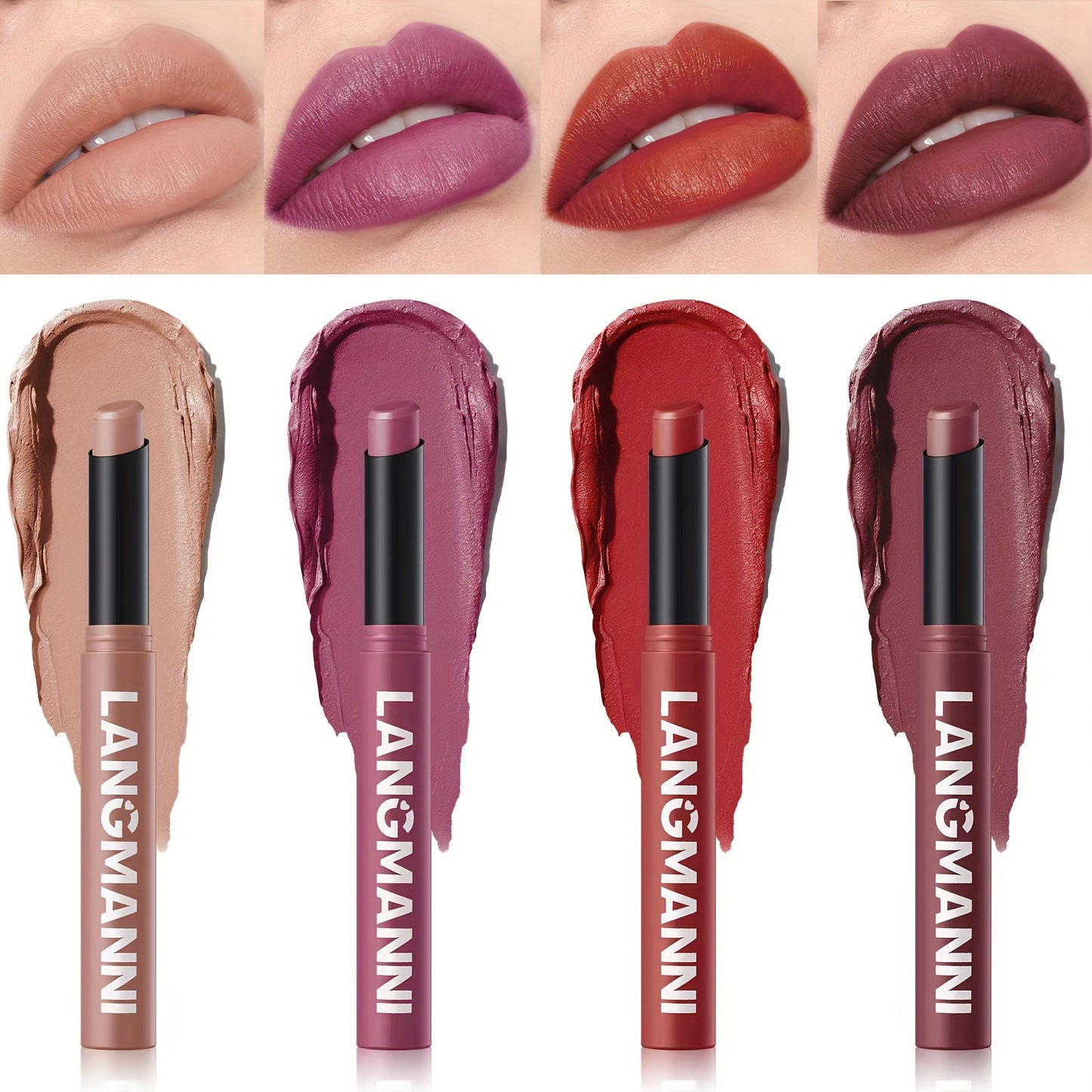 Matte lipstick in 12 shades for all skin tones in berry and mixed colors, long-lasting and vibrant.