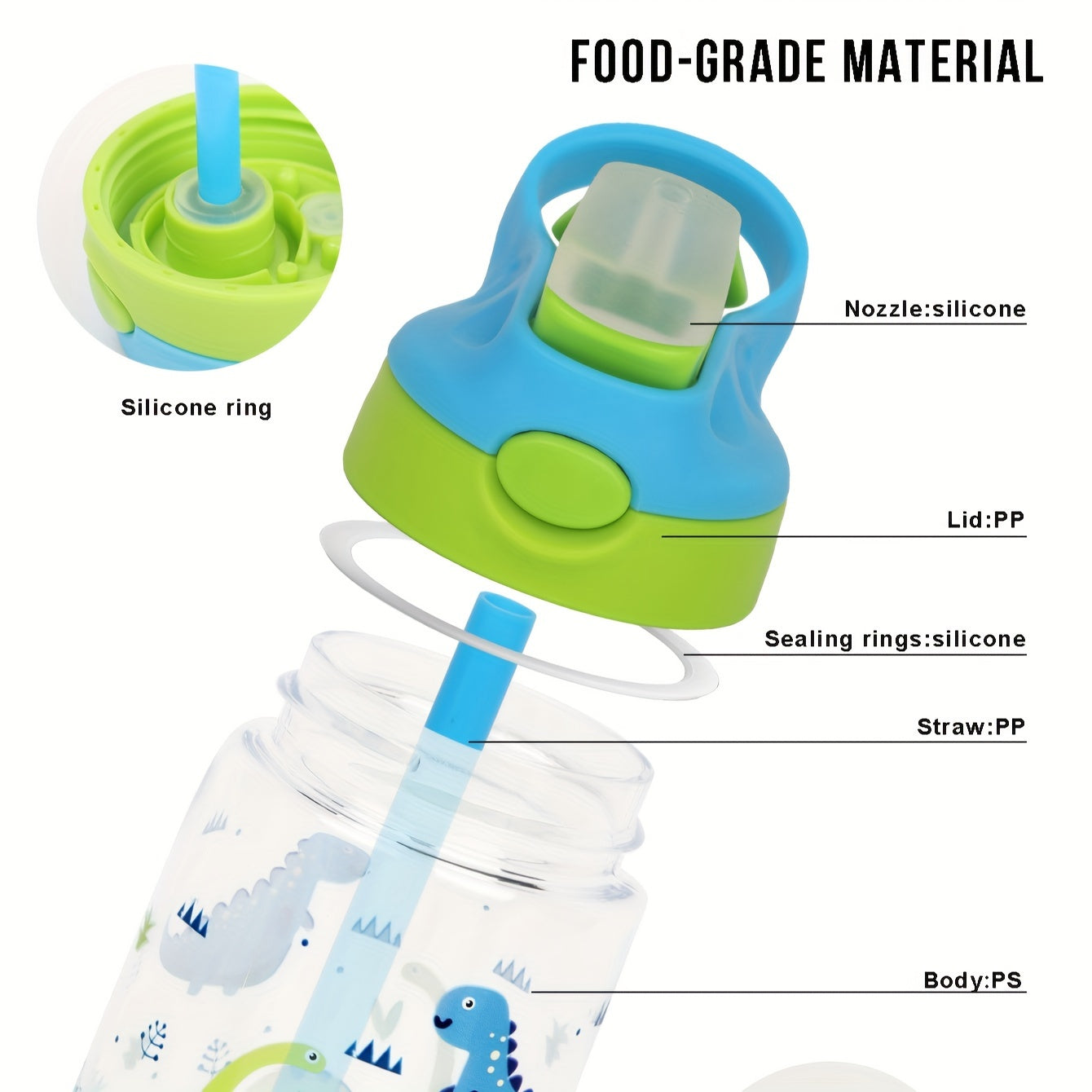 1 бутылка для спортивной воды объемом 500 мл без BPA с соломинкой, мультяшный дизайн, герметичный силиконовый носик, подходит для активного отдыха. Только ручная стирка.