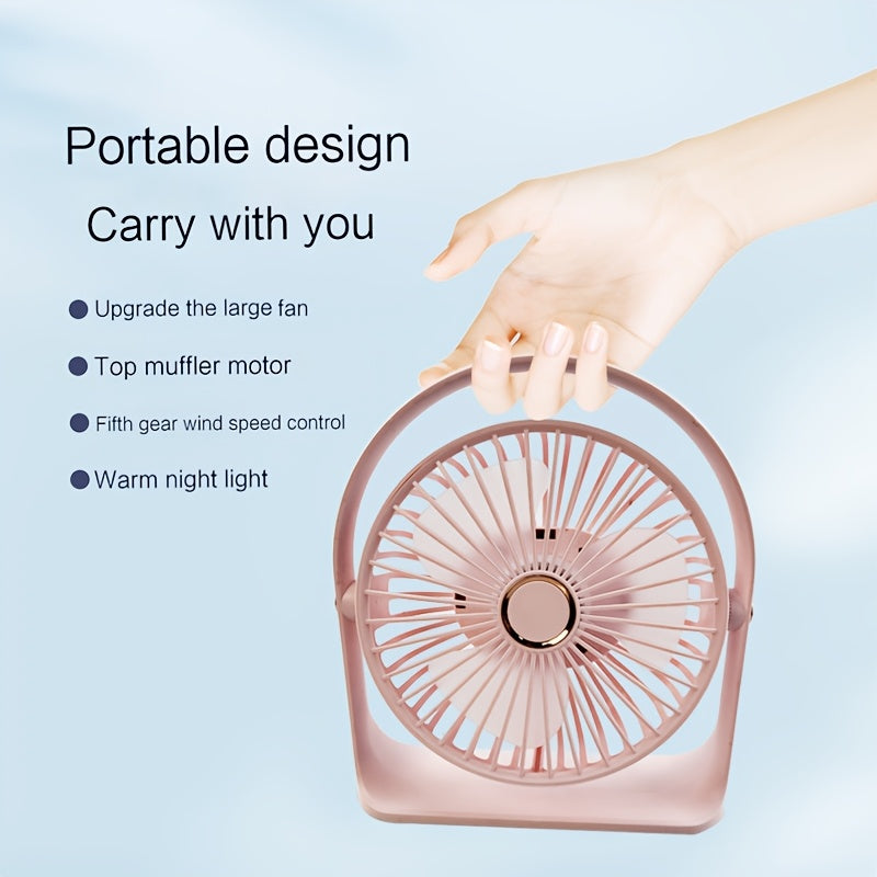 Portable USB rechargeable clip-on bench fan with nightlight, 5-speed settings, 720-degree rotation, quiet operation, washable blades, includes lithium battery, made of plastic material, comes with power cable for use indoors and outdoors.