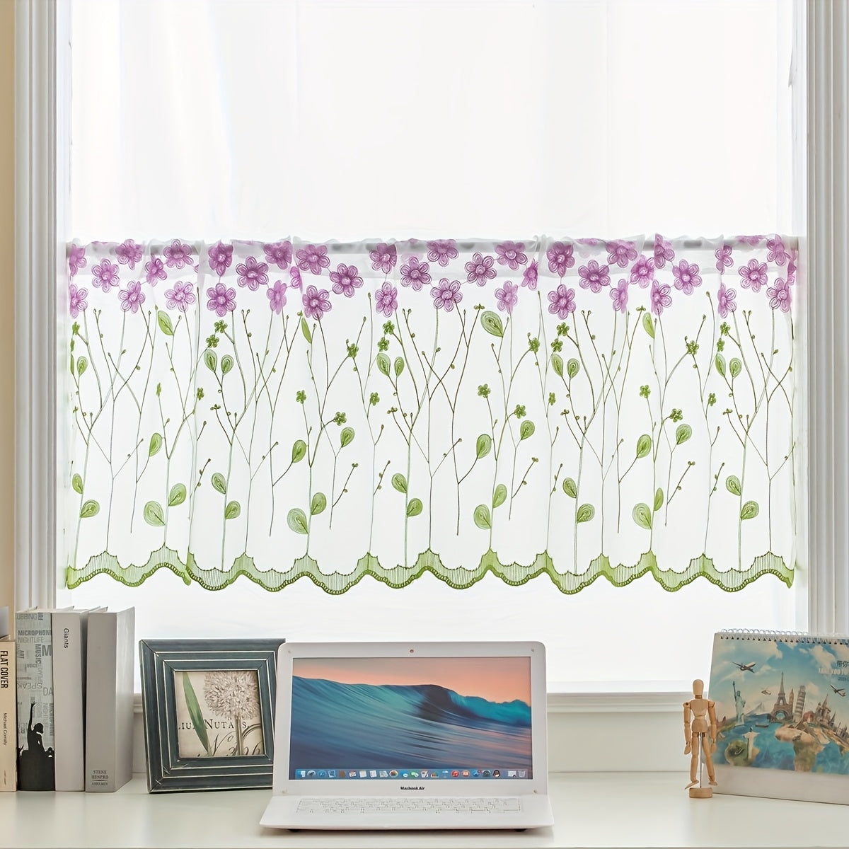 Embroidered sheer curtain valance for living room or cafe home decor, measuring 1 piece.