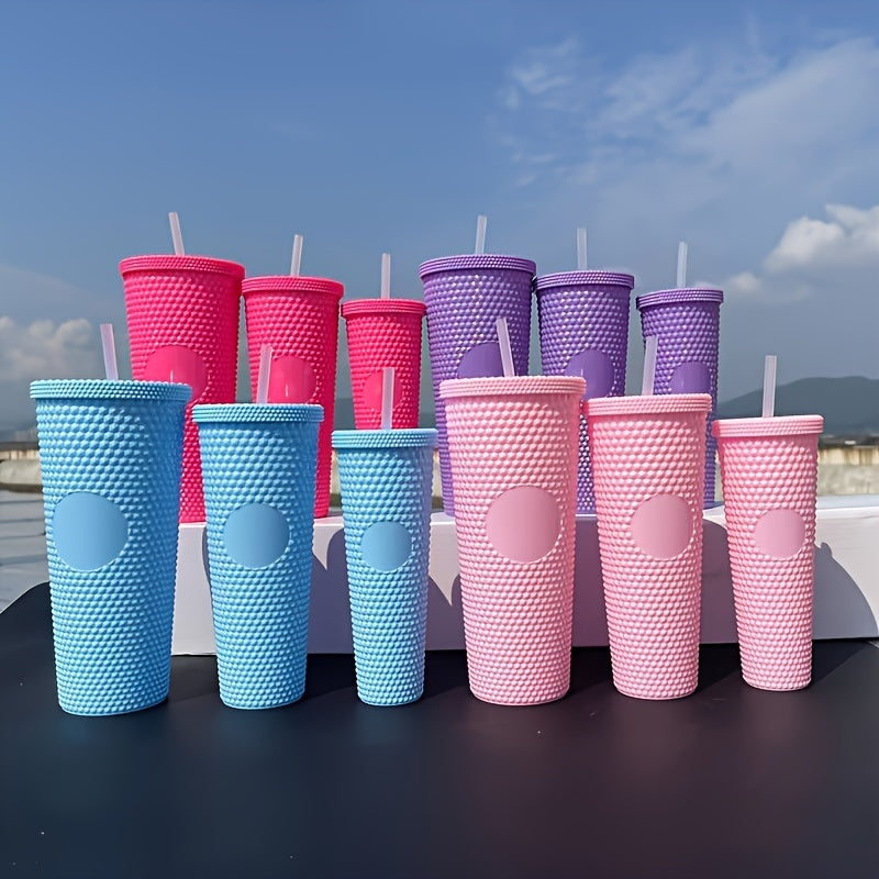 3 Durian Texture Reusable Water Bottles with Straw - Double Layer Plastic, BPA-Free, Pastel Pink & Blue, 450ml/700ml/1100ml for Travel, Fitness, Camping, and Daily Use