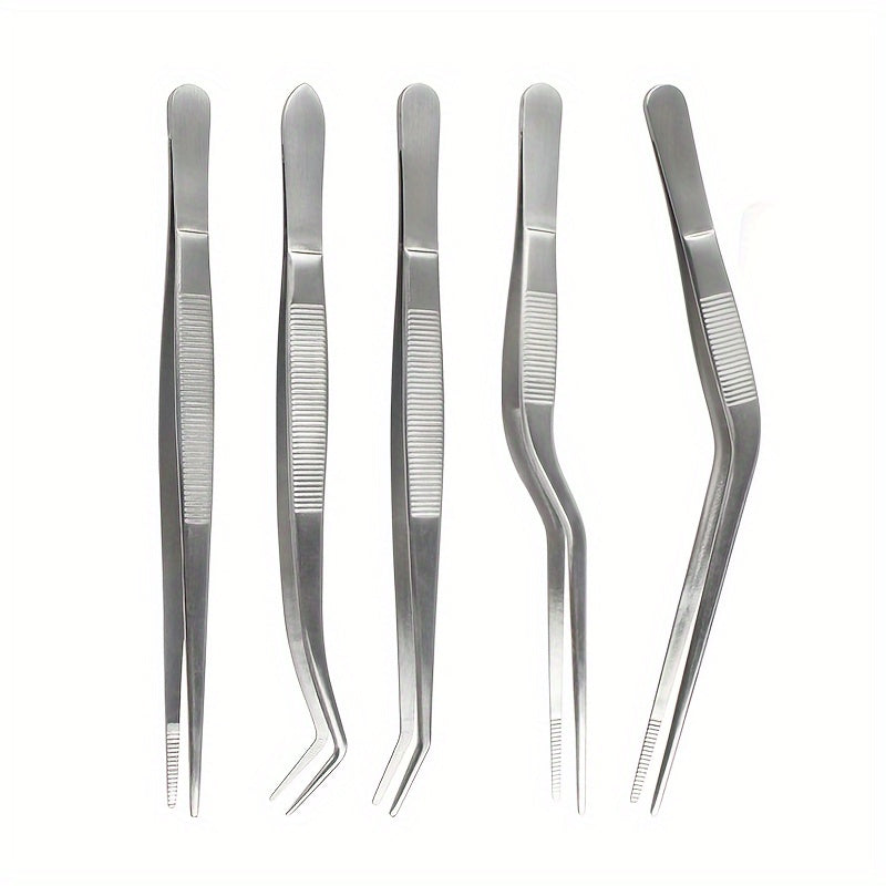 Set of 5 stainless steel kitchen tweezers, ideal for professional chefs to use for plating, handling seafood, grilling, and performing precise culinary tasks. These versatile kitchen tools are perfect for a variety of tasks and kitchen gadgets.