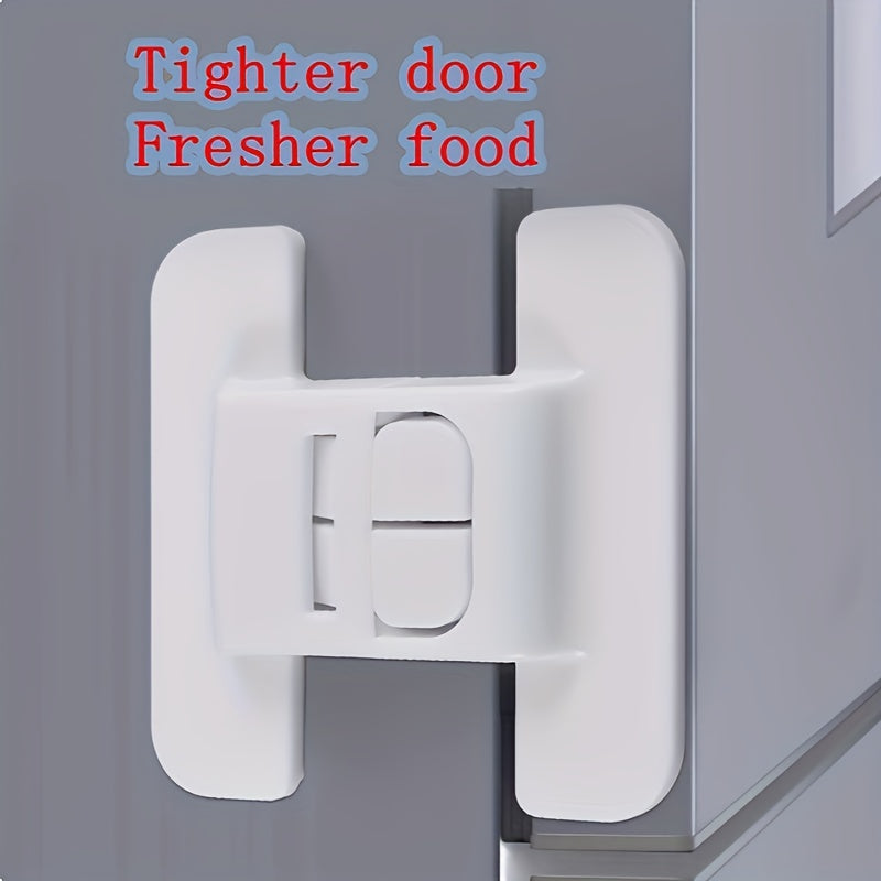 2-piece set of refrigerator door closers with automatic locking mechanism for universal fit and enhanced safety buckle design for safe closure and preventing door sagging.