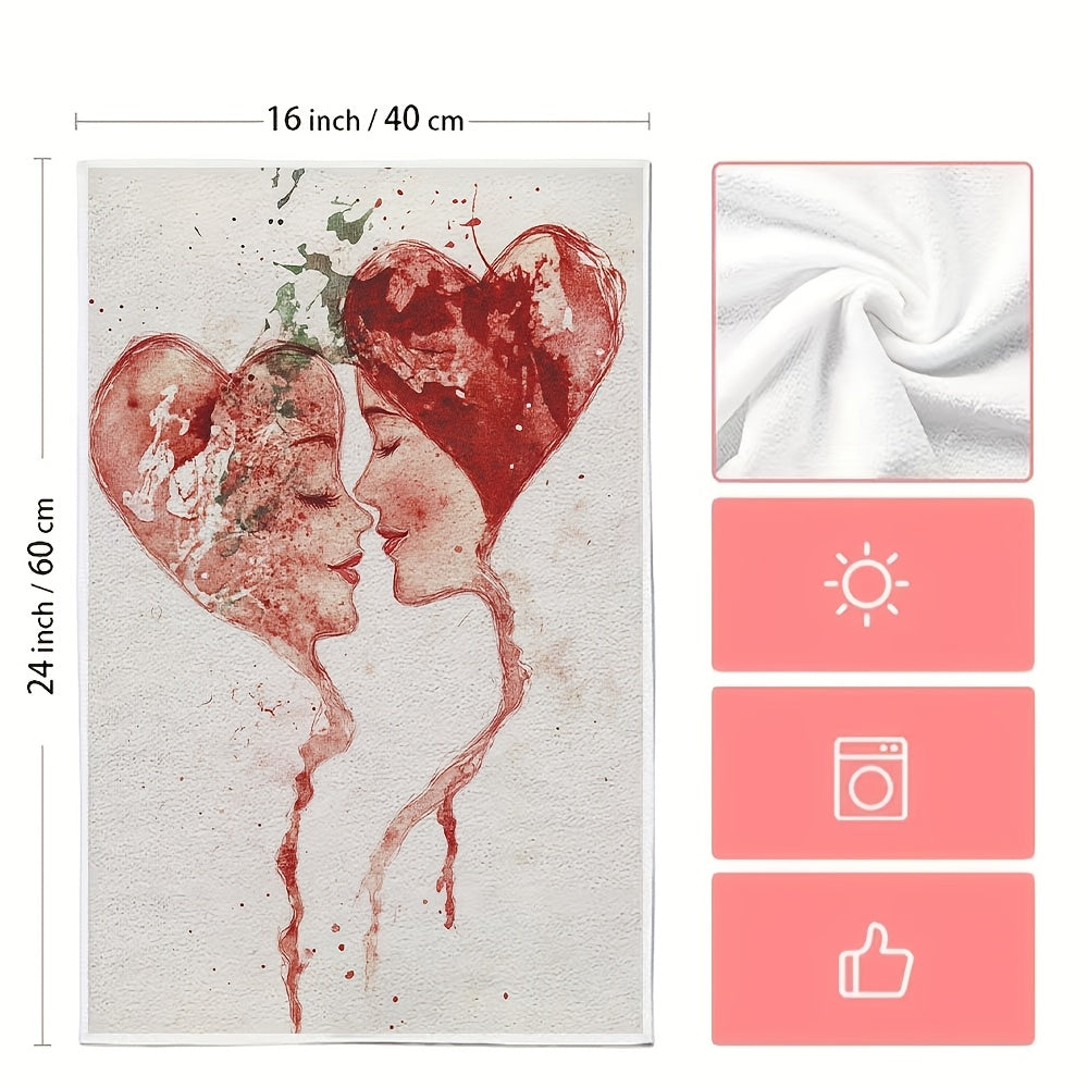 Two pieces of ultra soft kitchen towels featuring a Valentine's Day love stamp design. These highly absorbent and machine washable dish hand towels showcase a contemporary red and white splatter art pattern. Each towel measures 40.64x60.96 cm.