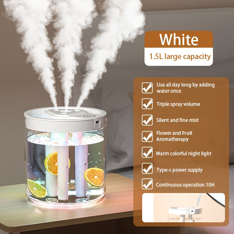 1 compact misting humidifier with 3 outlets, USB-powered, ideal for bedroom or office use, desktop-friendly design.