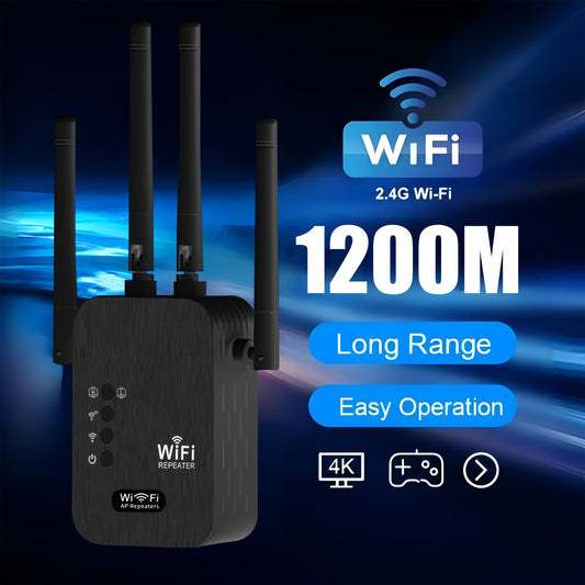 2024 WiFi Booster: 6x stronger, 1200Mbps, dual bands, up to 8500 sq ft, strong signal, 35 device support, easy setup, full coverage with 4 antennas, includes Ethernet port.