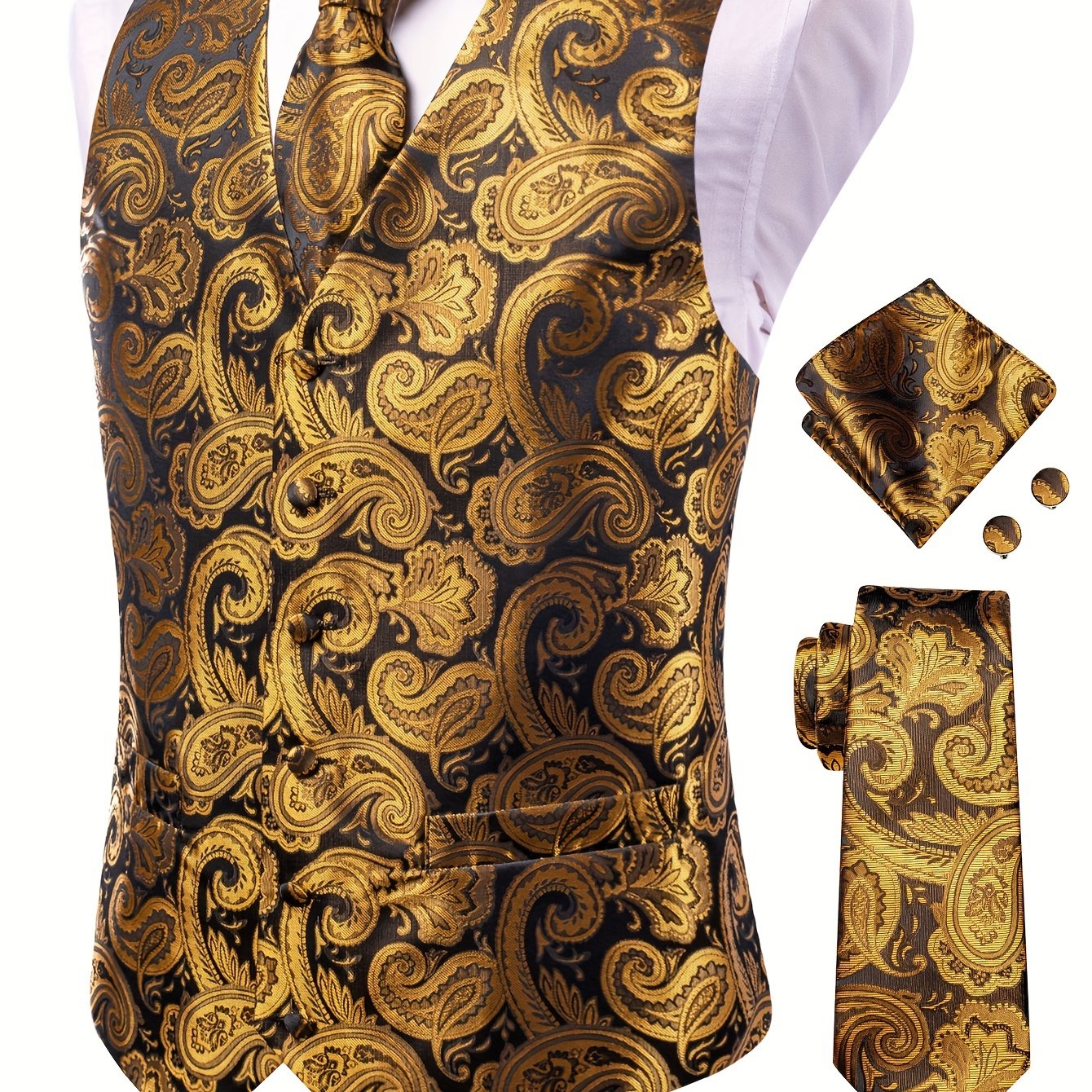 White paisley pattern accessories for big men: waistcoat, necktie, hanky, and cufflinks