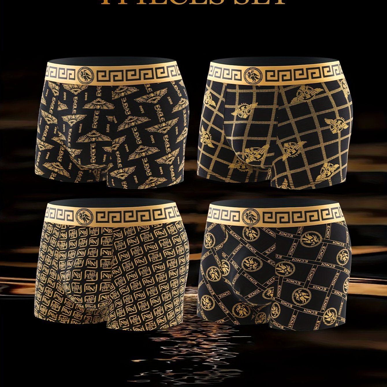 Set of 4 Men's Luxury Black & Golden Boxer Briefs with Unique Prints - High-Elasticity Polyester-Spandex Blend, Comfortable & Non-Transparent