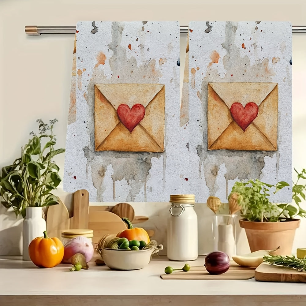 Valentine's Day Kitchen Towels Set - 2 Pieces of Ultra Soft Towels with Whimsical Heart Envelope Design. These Highly Absorbent Dish Hand Towels are Machine Washable and feature a Contemporary Style. Each towel measures 40.64x60.96 cm. Perfect for your