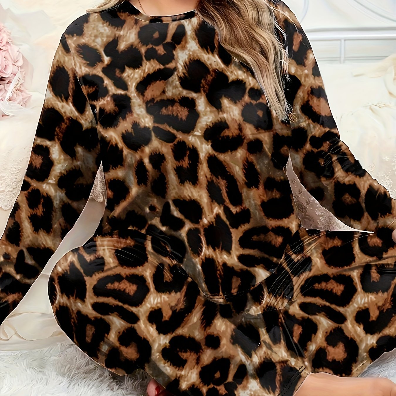 Leopard Print Pajama Set for Women: 100% Polyester Knit, Mature Style, Long Sleeve and Pants, Spring/Fall Loungewear