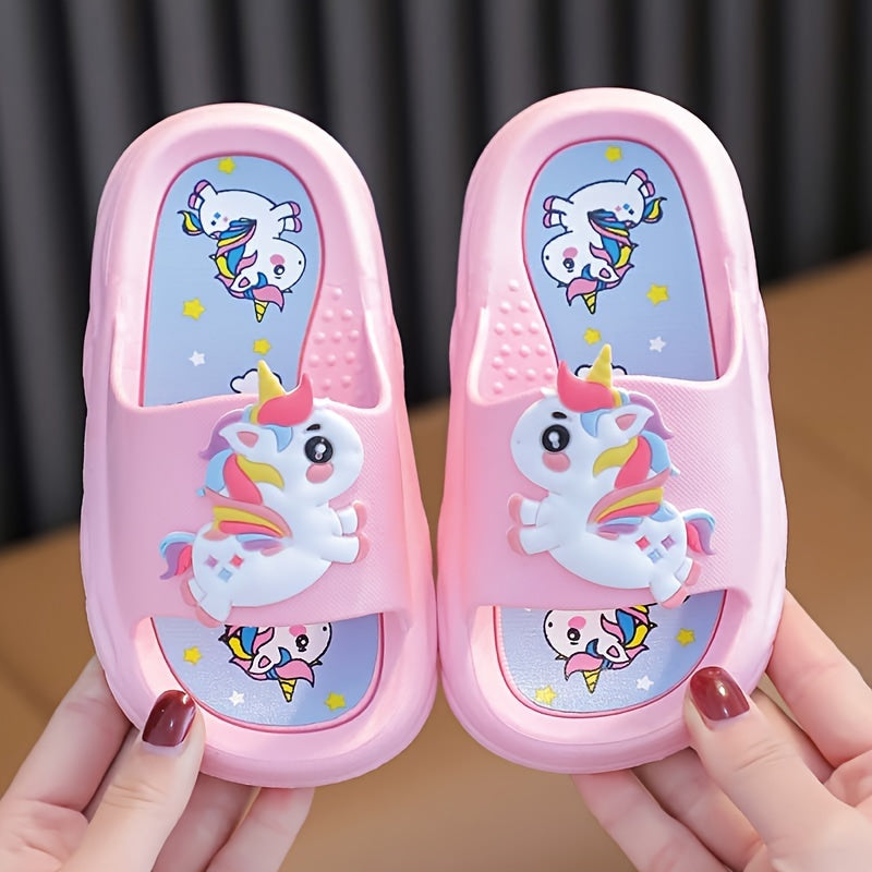 Girls' non-slip unicorn slippers for indoor use year-round.