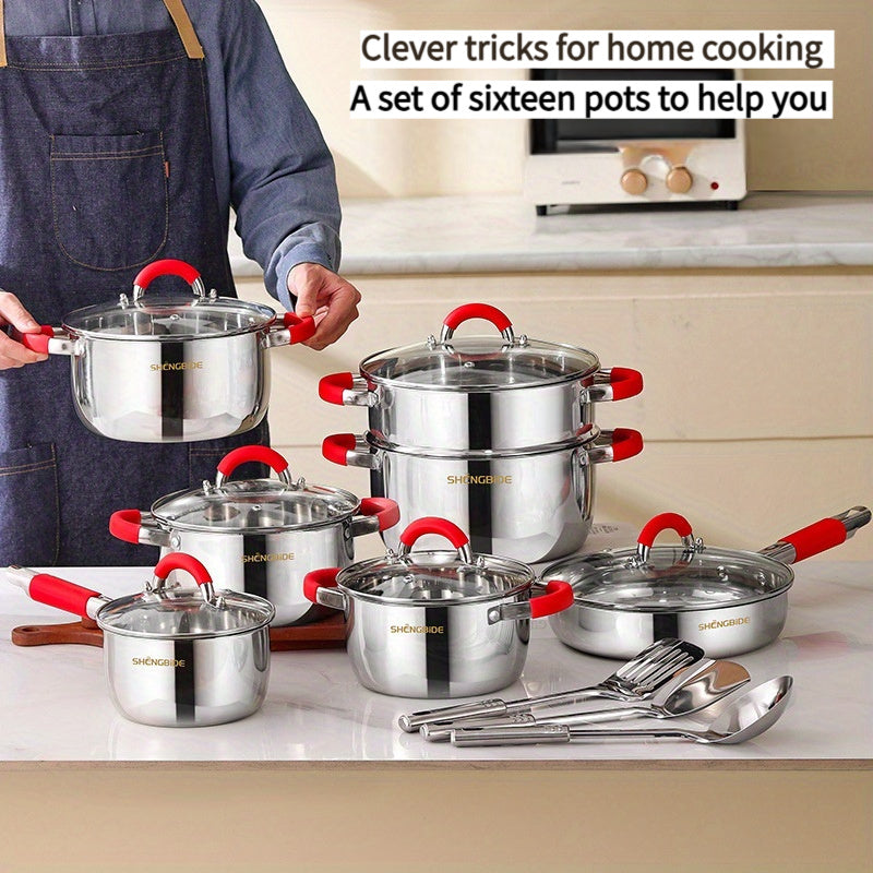 This set includes 16 pieces of stainless steel cookware, perfect for all your cooking needs. The set contains 4 pots, 1 frying pan, 1 milk pot, 6 pot lids, 2 spatulas, 1 spoon, and 1 steamer. The pots are designed to distribute heat evenly and quickly