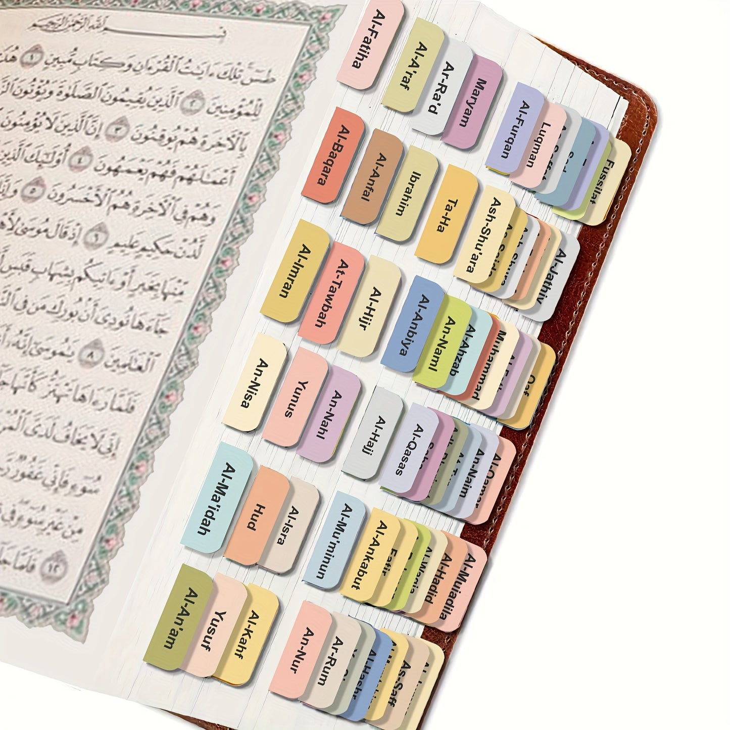 Self-adhesive Quran chapter tabs with tear-resistant clear printing for easy navigation and decoration, includes 114 chapter tabs and 6 blank tabs.