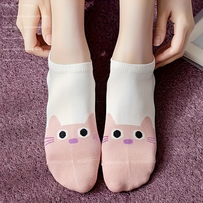 5 pairs of cute cartoon cat print ankle socks for women, soft and comfy