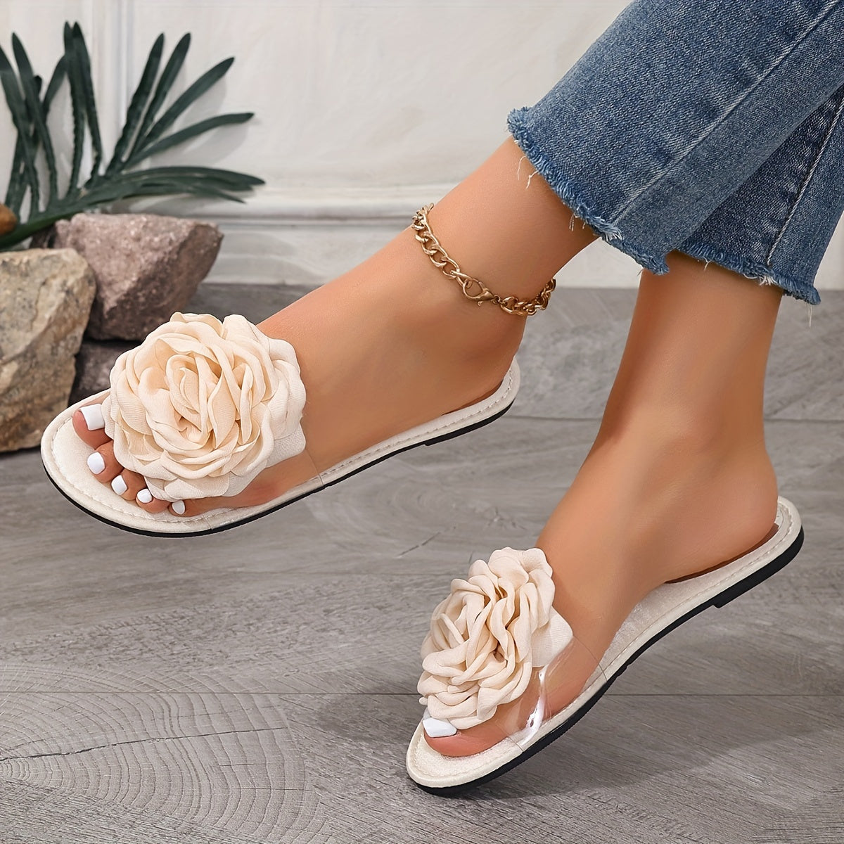 Women's Flower Decor Slide Sandals, Lightweight and Casual Summer Flat Shoes with Open Toe