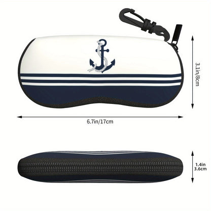 Stylish Navy Blue Anchor Pattern Glasses Case for Men and Women - Lightweight Neoprene Zipper Eyewear Holder for Fashionable Reading Glasses, Perfect for On-the-Go Storage.