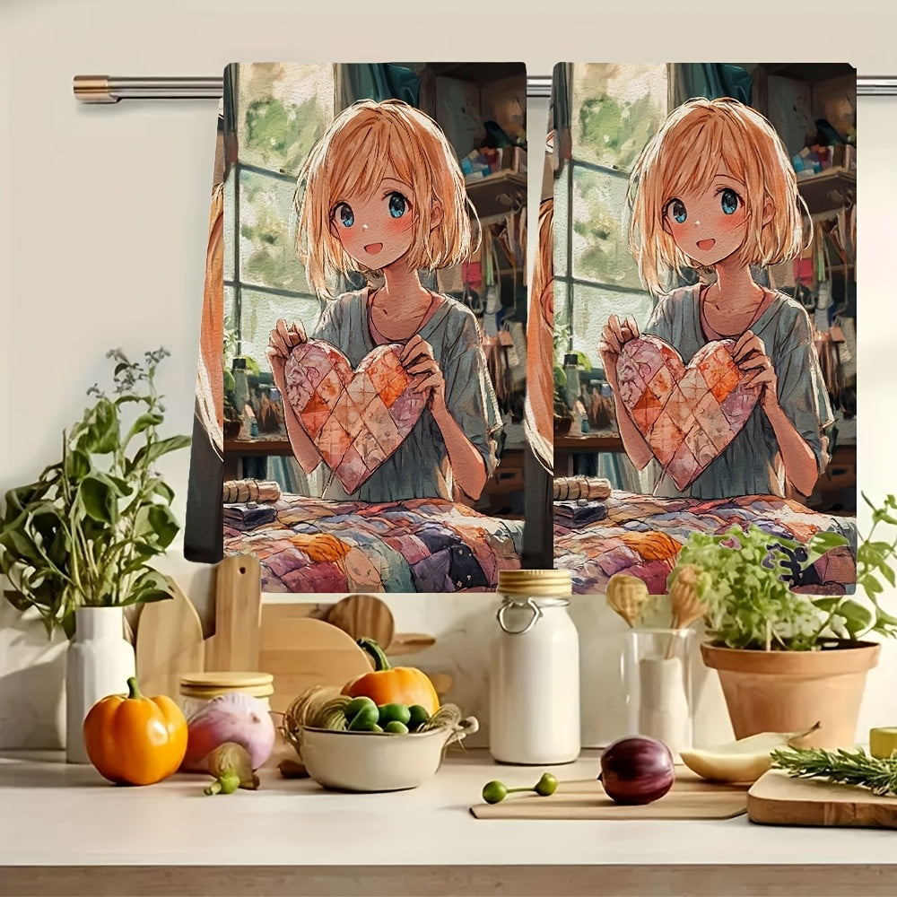 Set of 2 Kitchen Towels featuring an Anime Girl with Short Blonde Hair creating a Heart Shaped Quilt. These Ultra Soft and Highly Absorbent Dish Hand Towels are perfect for holiday decor. Machine Washable and measuring 16x24 inches. Item number