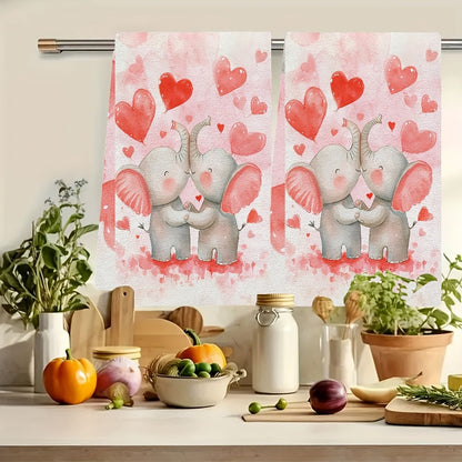 Set of 2 Ultra Soft Kitchen Towels with Cute Cartoon Elephants Embracing Design, Super Absorbent & Easy to Clean Dish Hand Towels, Ideal for Valentine's Day Decoration, Size 40.64x60.96 cm, Dish Towels