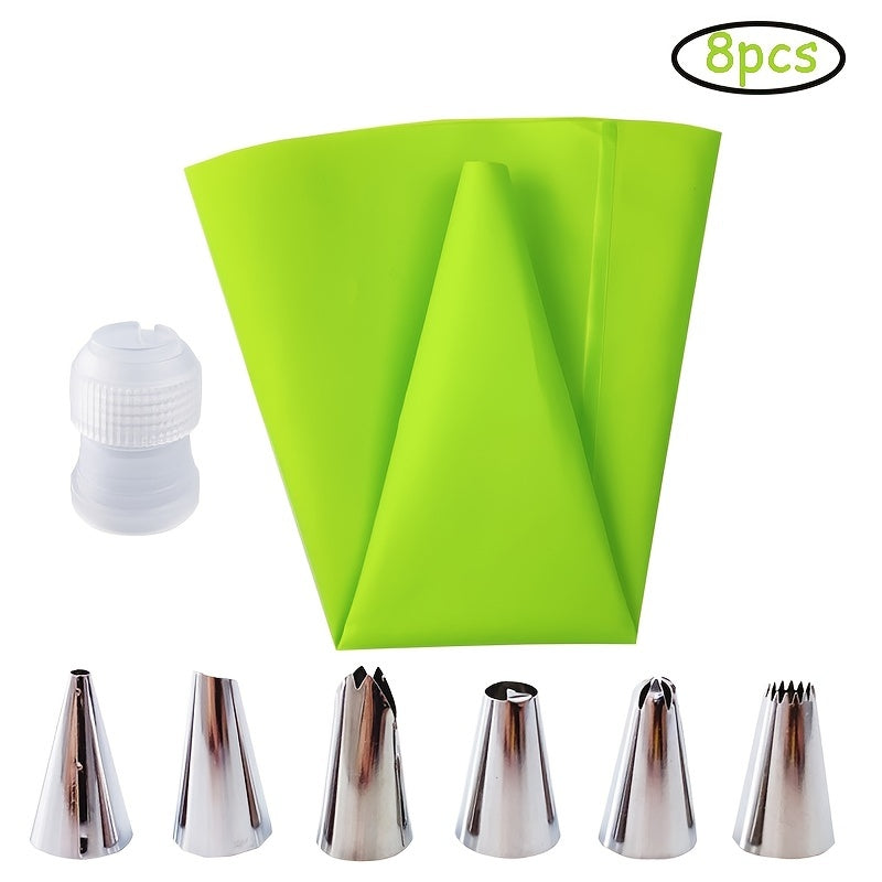 This set includes 8 pieces of Weluvfit Silicone Icing Piping Bags, featuring reusable pastry piping bags with 6 stainless steel nozzles. The DIY cake decorating supplies kit includes 6 nozzles, 1 pastry bag, and 1 white converter. It is easy to use and