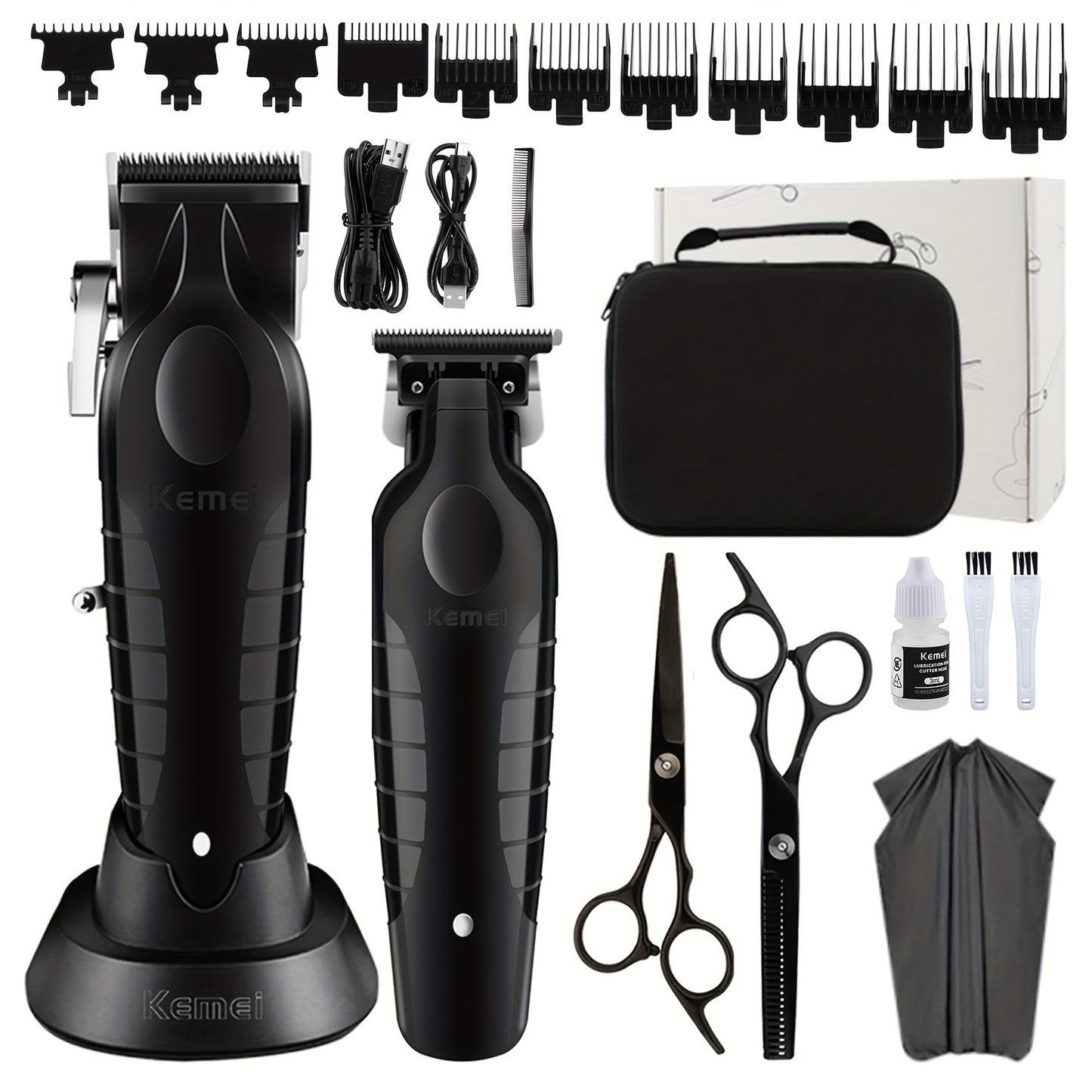 Kemei Professional Electric Hair Clipper Set in Black, Multi-piece, USB Rechargeable, Beard Trimmer, Styling Tools