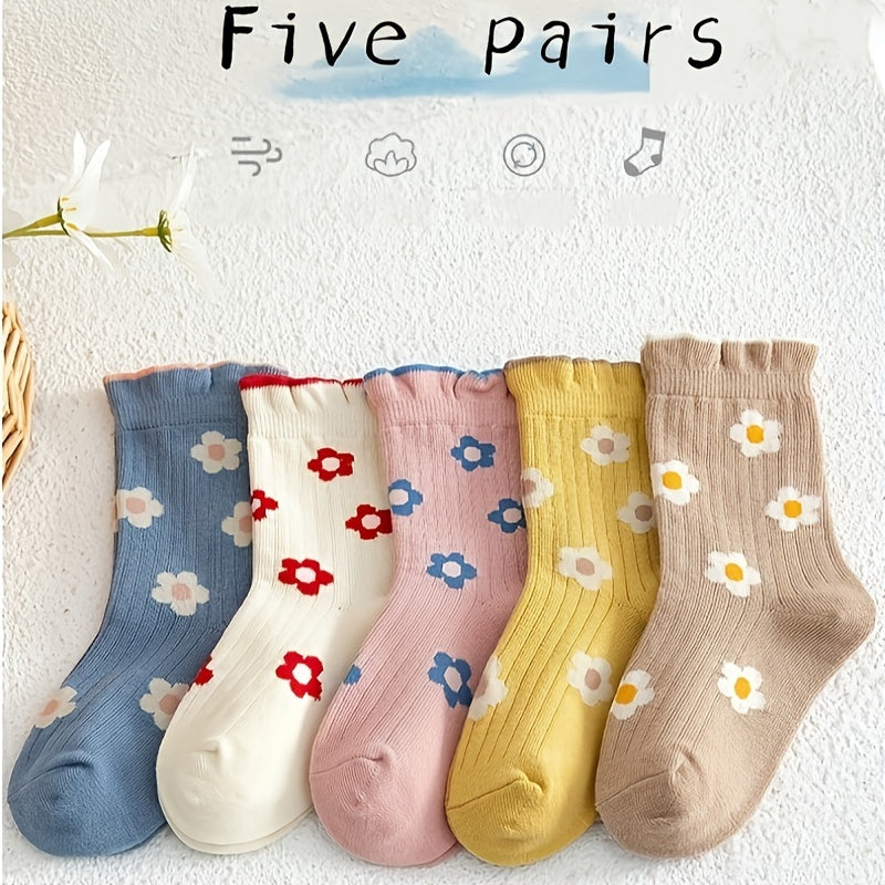 5 children's crew socks with breathable, soft fabric and stylish floral design, ideal for spring and summer.