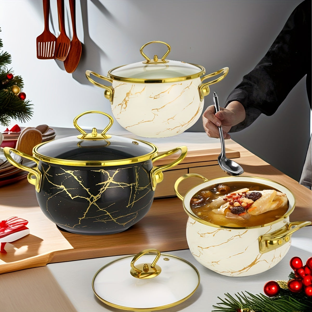 Large capacity stew pot, ideal for holiday soups and stews, seafood rice cooking, and serving at home or in a restaurant. This festive thick enameled pot is compatible with gas stoves and requires no electricity. A versatile addition to any kitchen!