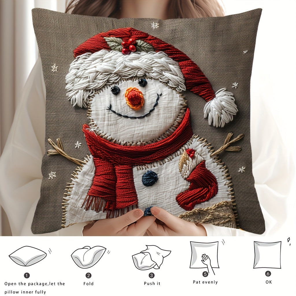 This Christmas snowman pillow cover is festive and contemporary, measuring 44.96cm x 44.96cm. It has a zip closure and should be hand washed. Suitable for decorating sofas, living rooms, and bedrooms, but does not come with a pillow insert.