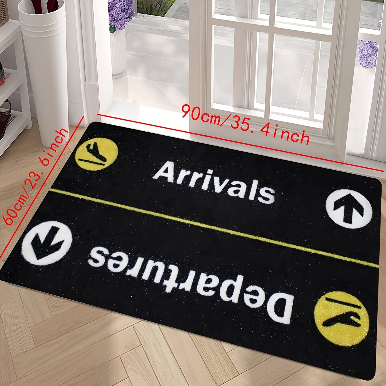 Arrivals Departures Flight Theme Doormat - Non-Slip, Stain-Resistant Polyester Mat with Braided Weave, Medium Pile, PVC Backing, Machine Washable, Rectangle Shape, Perfect for Home Decor, Easter & St. Patrick's Day, 1 Piece