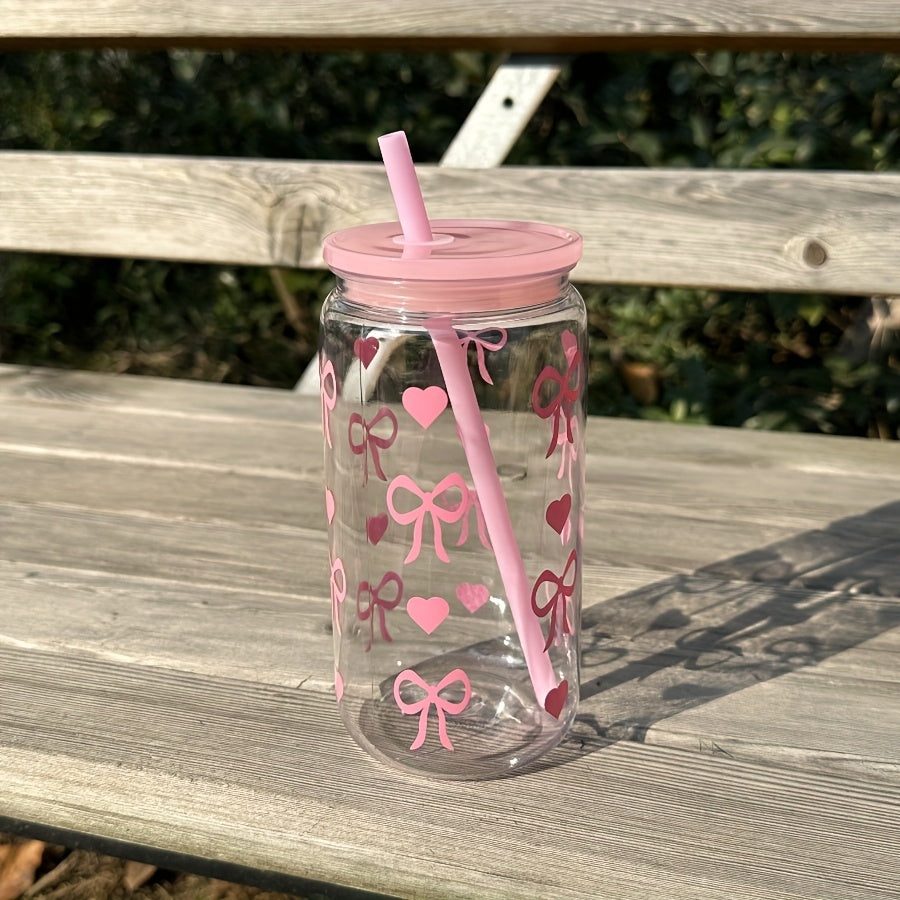 16oz Pink Bowknot Travel Mug with Straw & Lid - Perfect Gift for Valentine's Day and Mother's Day, BPA-Free Plastic