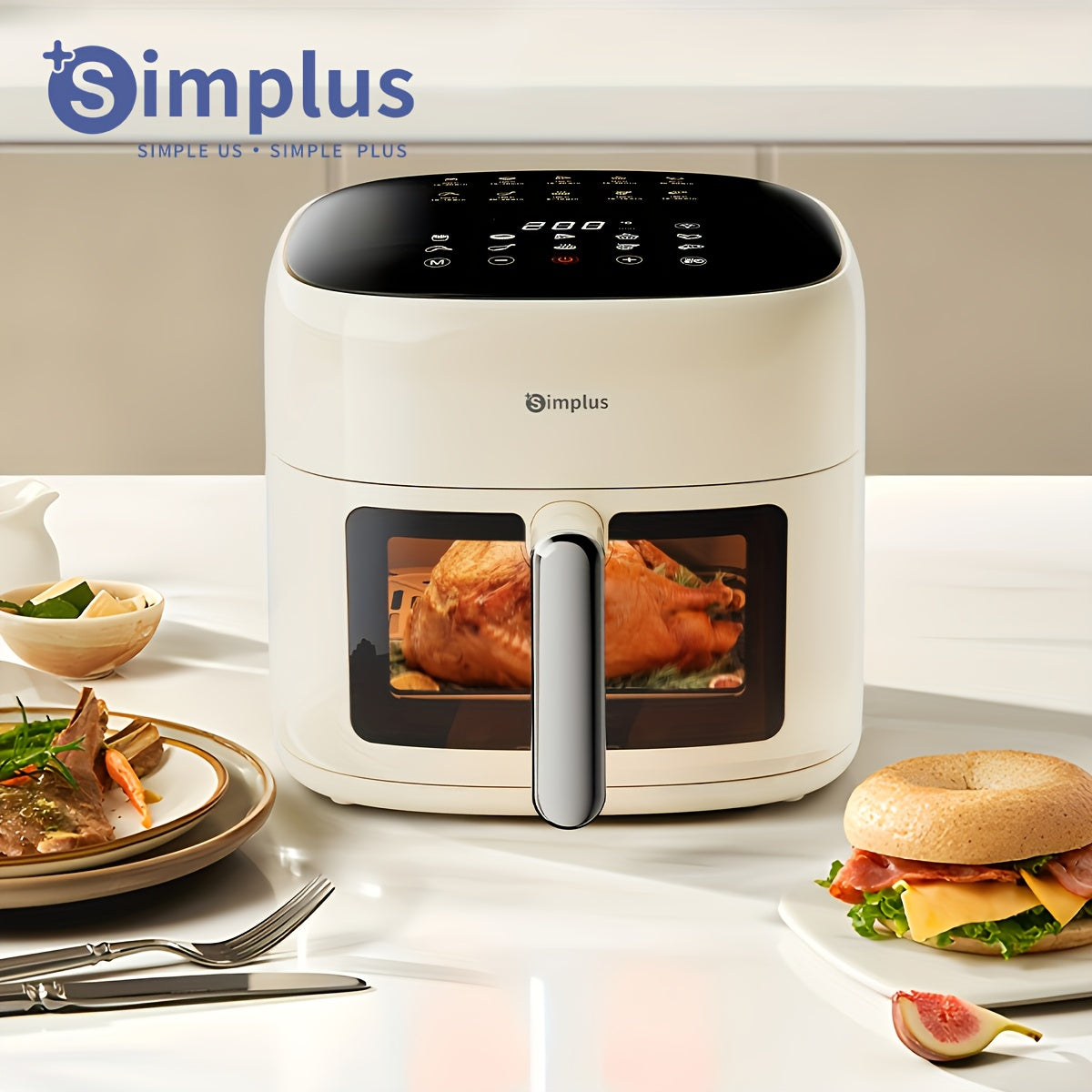 Simplus 1pc Air Fryer: 6L capacity for 5-8 people, compact design with easy storage, includes 10pcs parchment paper, full-color LCD touchscreen with 10 preset menus, fast 1500W cooking