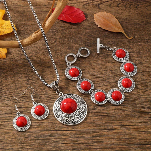 Vintage Jewelry Set including a pair of earrings, a bracelet, and a necklace, all silver plated with inlaid gemstones and retro carving on the surface. These pieces are perfect for matching with daily outfits.