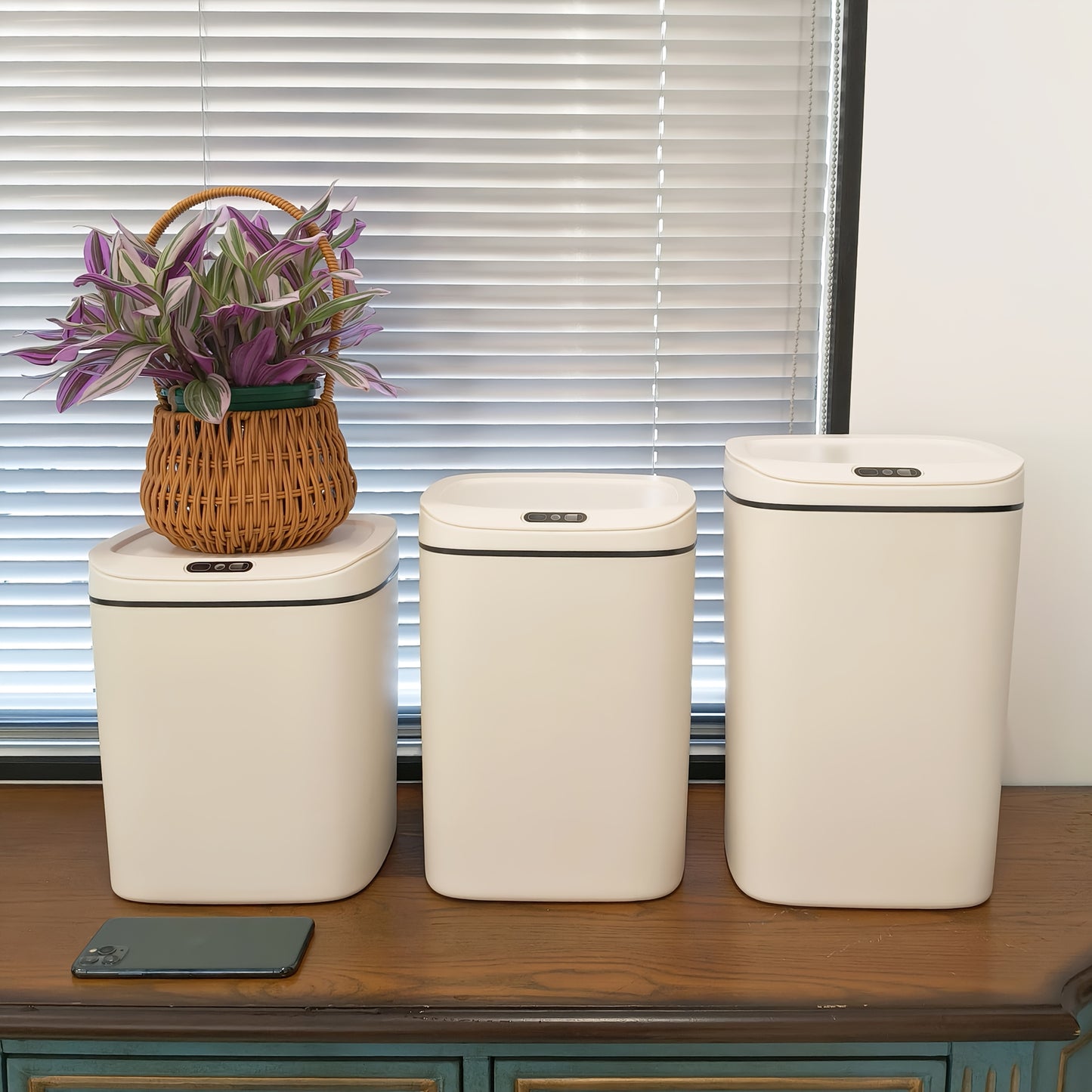 Smart detector trash can with quiet close and odor-proof; multiple capacity options for various rooms; battery operated (AA), batteries not included.