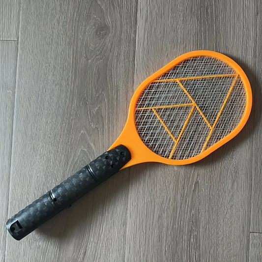 Electric fly and mosquito swatter that operates on batteries (AA batteries not included), made of durable plastic/aluminum/tin.