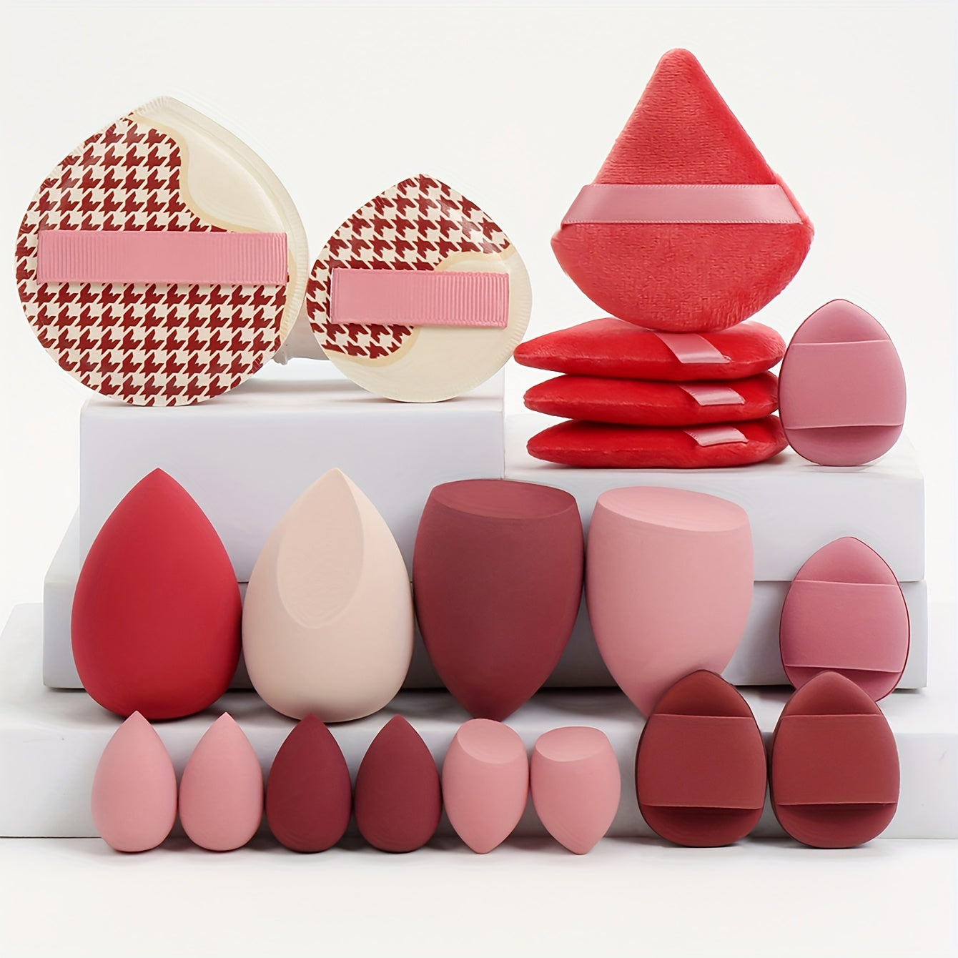 A 20-piece candy set includes various beauty sponges for blending makeup and covering imperfections. Latex-free and suitable for all skin types.