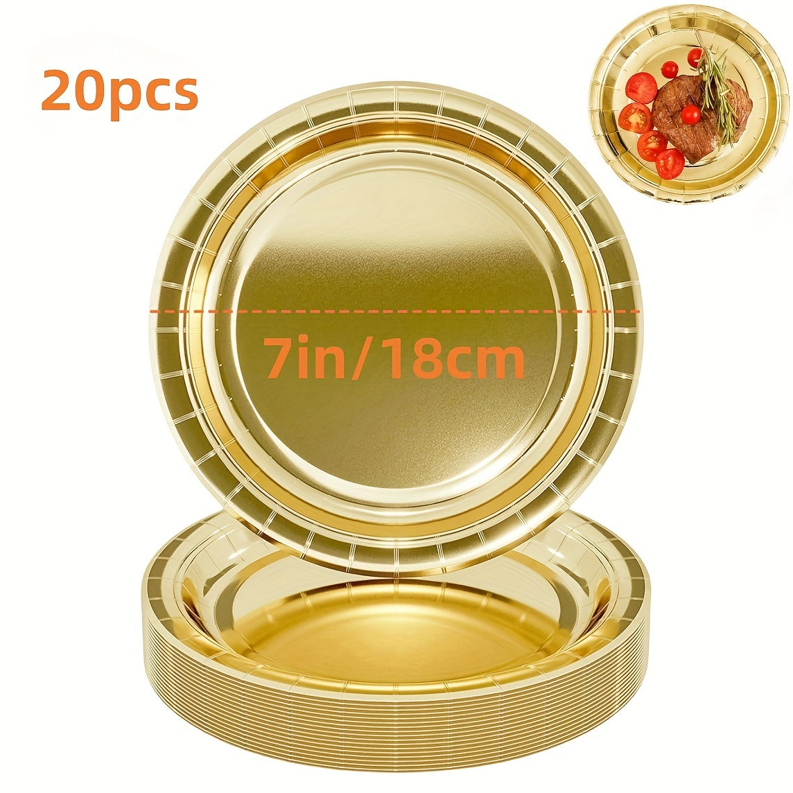 Golden Aluminum Plates, available in packs of 10 or 20, in sizes of 17.78cm or 22.86cm, perfect for all occasions. These round foil disposable party plates are uncoated and can be used for serving dessert, cake, or dinner. Ideal for Christmas, Halloween