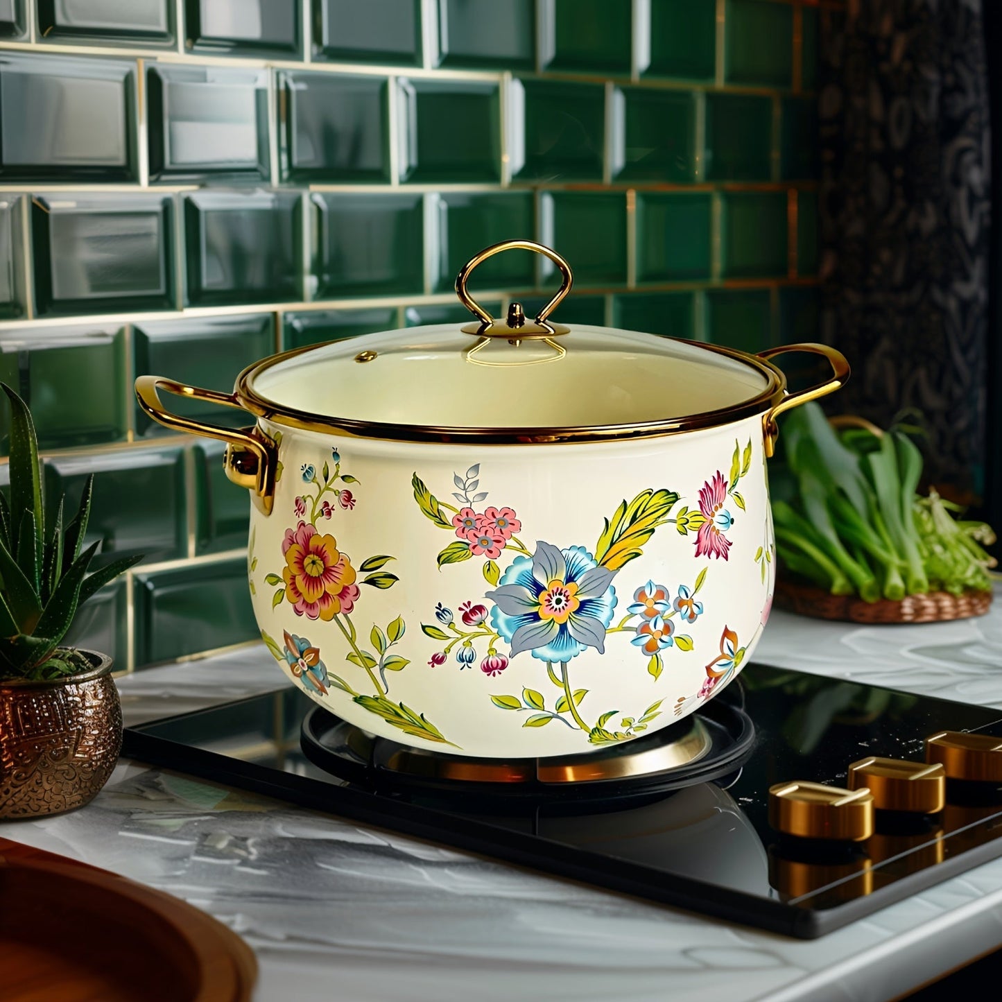 Dual-handled Enamel Soup Pot with Large Capacity - Non-Stick, Dishwasher Safe, Colorful Floral Design for Healthy Cooking in Phnom Penh, Fresh Small, Double Ears