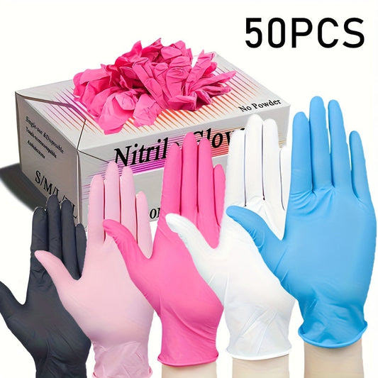 50 pieces of multi-colored disposable nitrile gloves for various household tasks including kitchen work, pet bathing, hair dyeing, manicures, and food preparation. These gloves are essential for cleaning supplies, small tools, and disposable apparel.