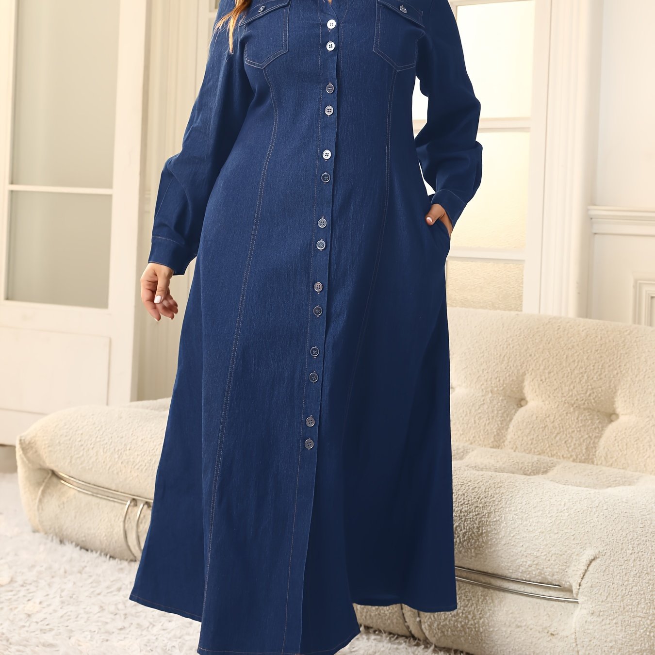 Casual V-Neck Denim Dress for Women, 65% Polyester, 35% Cotton, Slight Stretch, Solid Color, All Seasons, 290g/m² Woven Fabric - Fitted Long Sleeve Style