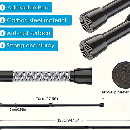 Telescopic rod for multiple uses: shower curtains, drying, hanging clothes, curtains, and more. No drilling required.