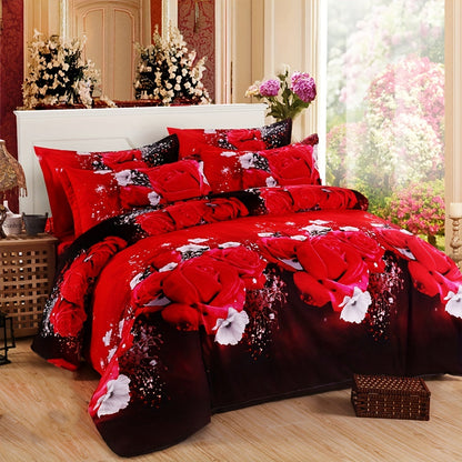 Romantic Couple Bronzing Marble Rose Red Duvet Cover Set with 3-piece Rose Bouquet Bedding. Includes 1 Duvet Cover and 2 Pillowcases (Pillow Core not included).