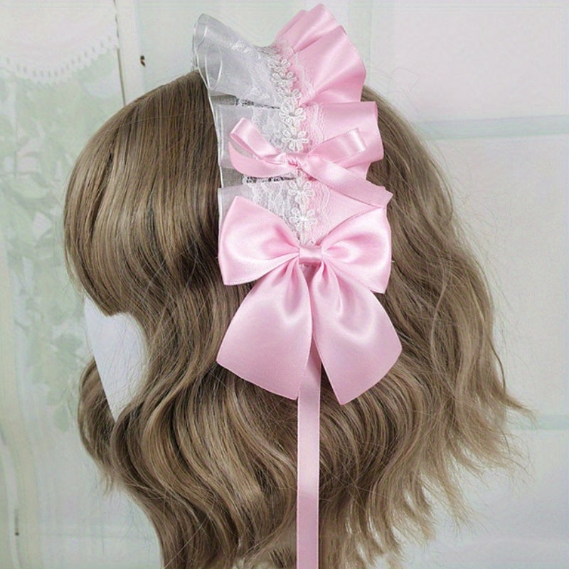 Ruffled Lace Ribbon Bow Headband with Hairpins in Contrasting Colors - Anime Maid Inspired Hair Accessory