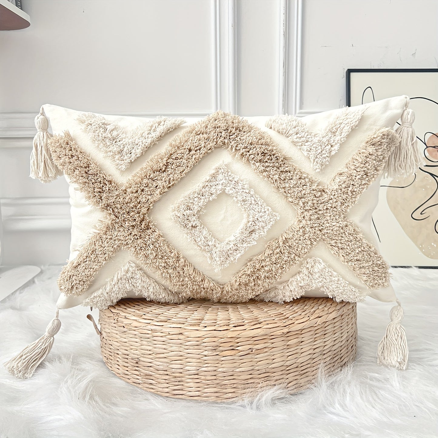 Bohemian-style throw pillow cover in beige and khaki with tassels, textured canvas, geometric patterns, tribal embroidery. Perfect for farmhouse decor on couch, sofa, bedroom, living room.