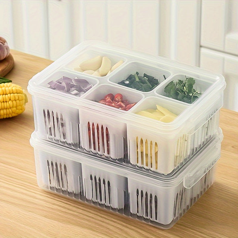 This kitchen storage box is a versatile 6-in-1 solution for keeping onions, ginger, and garlic fresh, as well as serving as a refrigerator fresh-keeping box and a fruit food draining box.