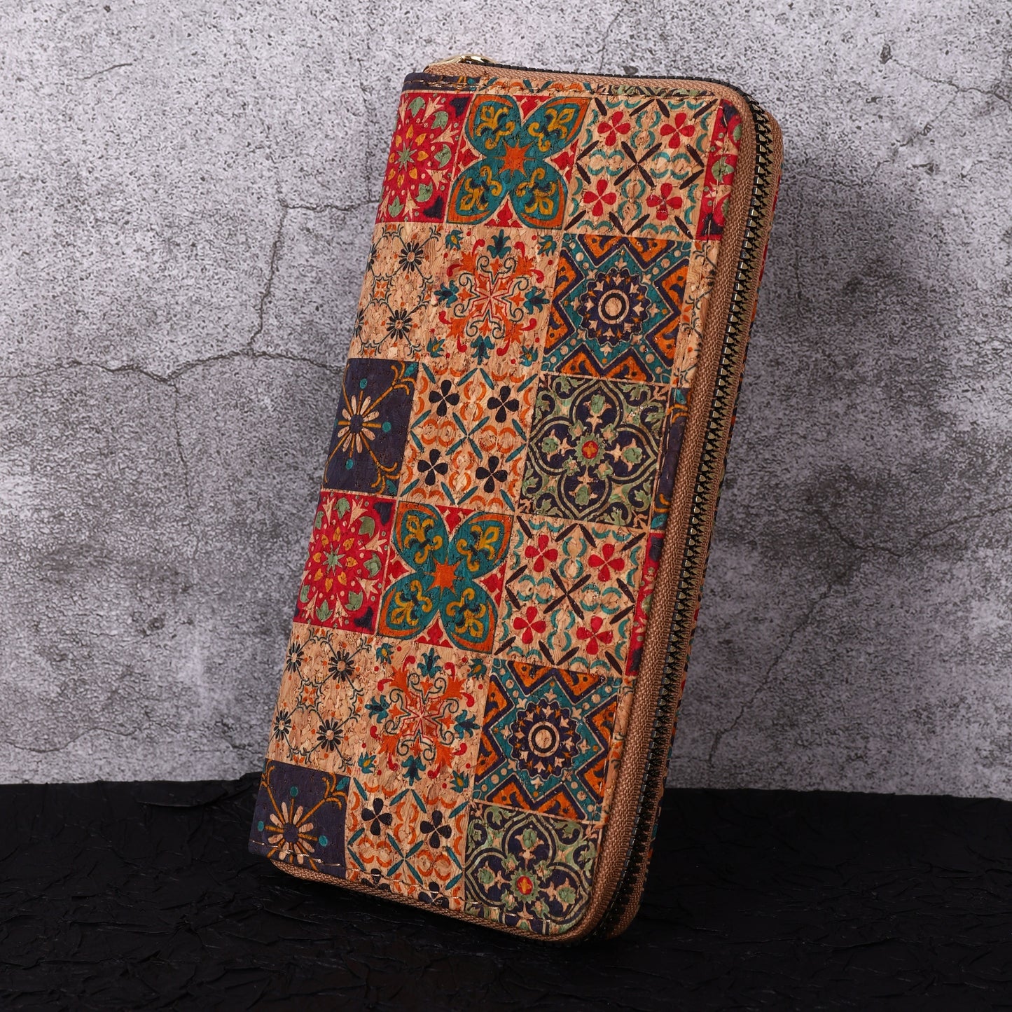 Ethnic style long wallet with floral design and multi card slots made of retro vegan leather.