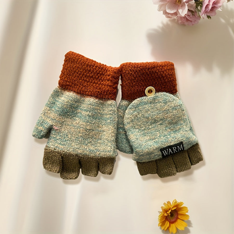 [Trendy Option] Convertible Knit Gloves for Women, Stylish Half-Finger Gloves with Flip Cover, Windproof and Cold Resistant, Made of Soft Cashmere in Solid Colors - Hand Washable, Ideal for Autumn and Winter, Flexible Fit