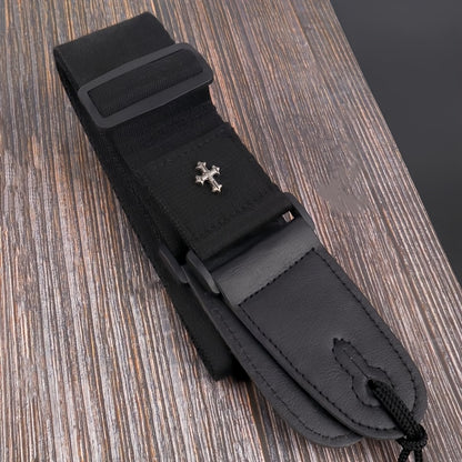 Embroidered Cross Guitar Strap - Adjustable shoulder strap for electric, bass, & ukulele - Available in black, coffee, khaki.