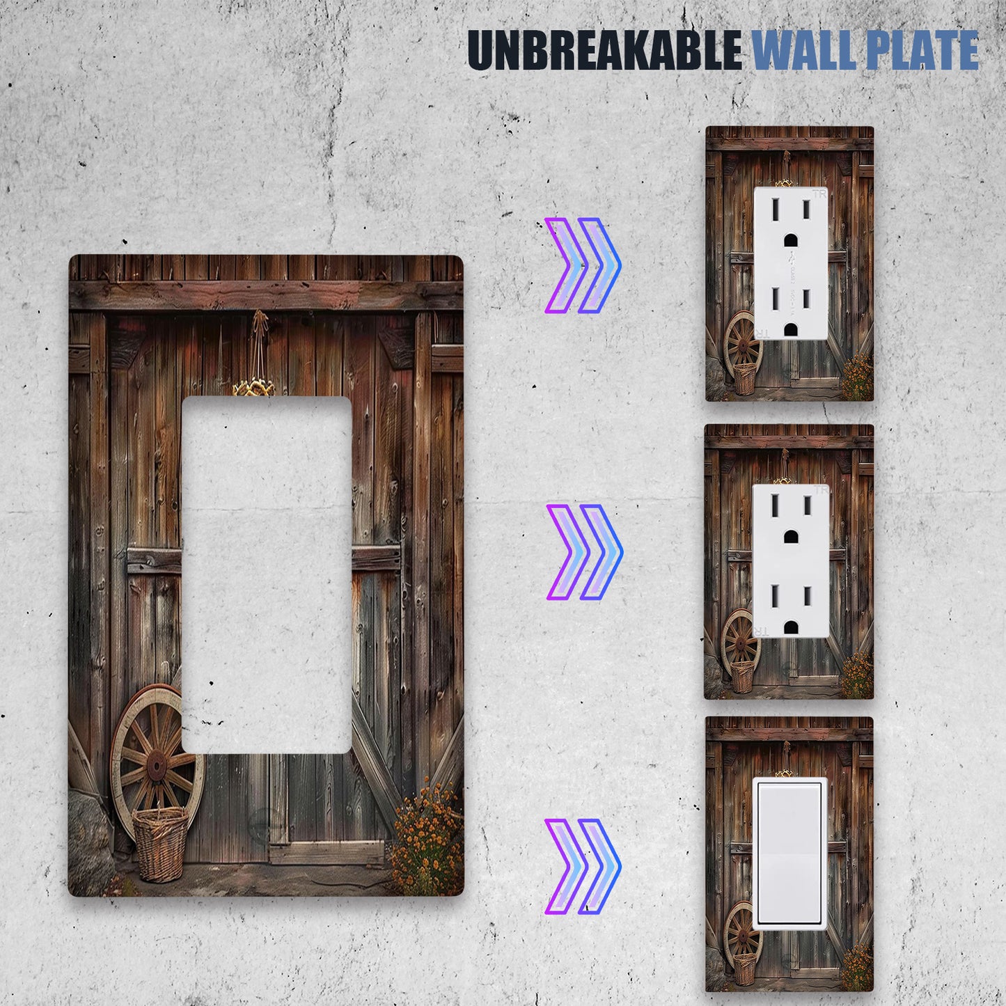 Rustic barn door design light switch cover and outlet covers for kitchen and bedroom electrical decor - single pack available in 1-gang or 2-gang sizes.