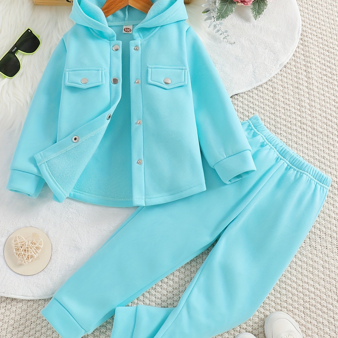 Set of girls' hooded jacket and jogger pants for autumn outdoor activities.